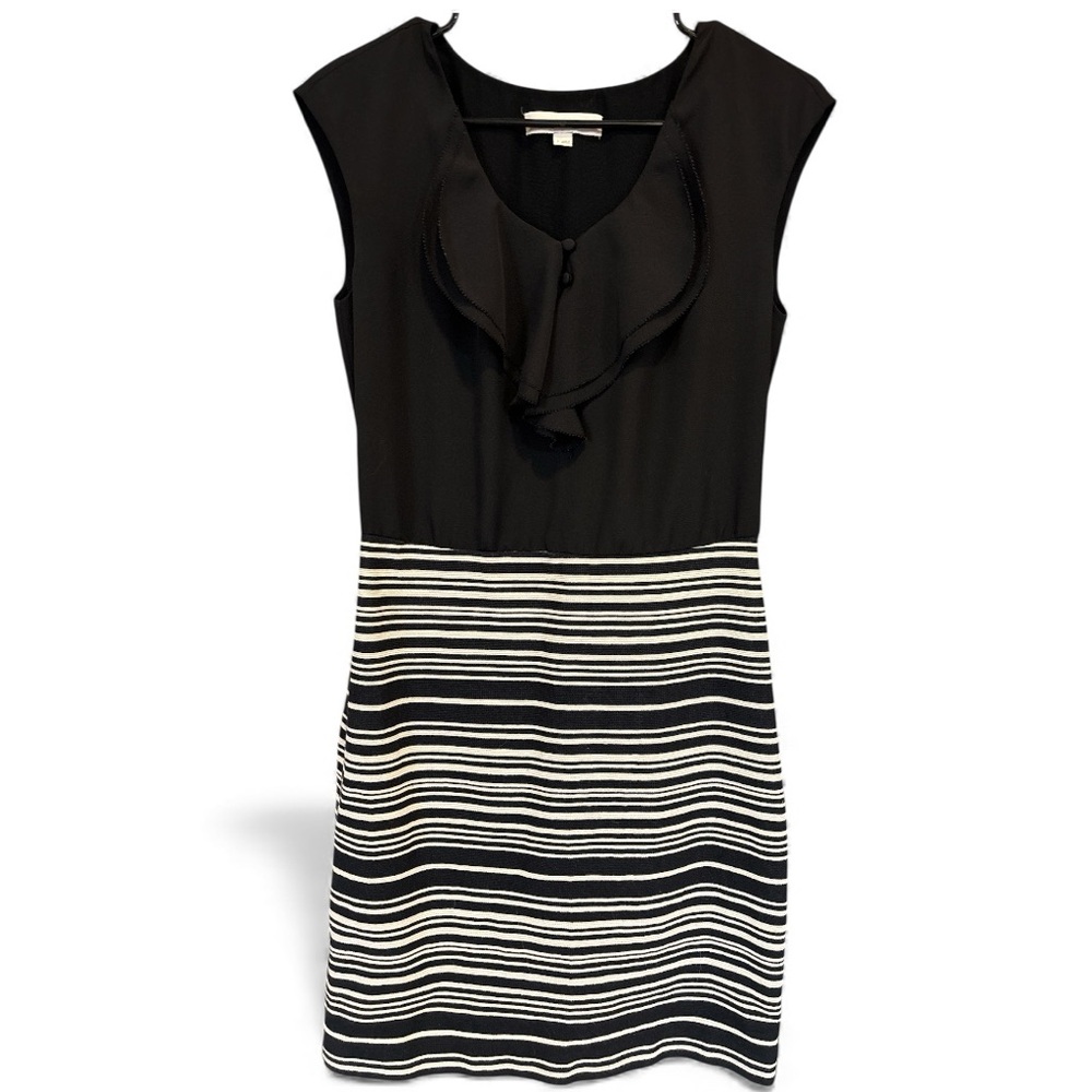 LOFT Black & White Striped Sleeveless Dress Ruffle Neck | Size 4